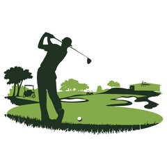 Golfer Swinging Golf Club on a Green Golf Course