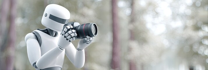  ai robot dressed as photographer holding dslr camera with zoom lens taking photo of wildlife