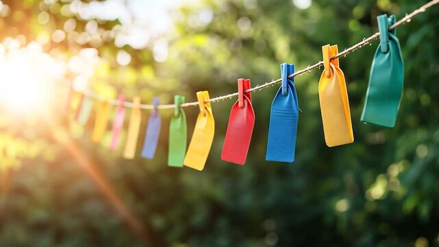 Colorful tags on a clothesline festive decorative background