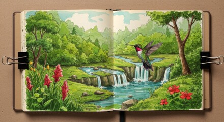 Hummingbird Over Cascading Waterfall in Lush Green Forest Painting