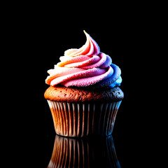 Delicious Cupcake: A single, perfectly frosted cupcake sits against a deep black backdrop, its vibrant colors and sweet details hinting at pure deliciousness.