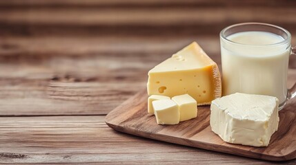 Simple design milk carton placed next to block of cheese and butter