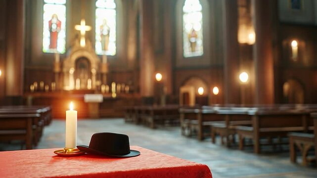 Candle and hat in interior warmly lit still life composition