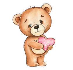 Cute Watercolor Teddy Bear Holding Pink Heart