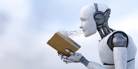 photo of ai robot eating a book, dynamic angle 