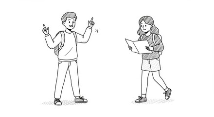 Cheerful boy signaling with excitement and girl reading a map while walking on a white background, fun concept of education or travel agency