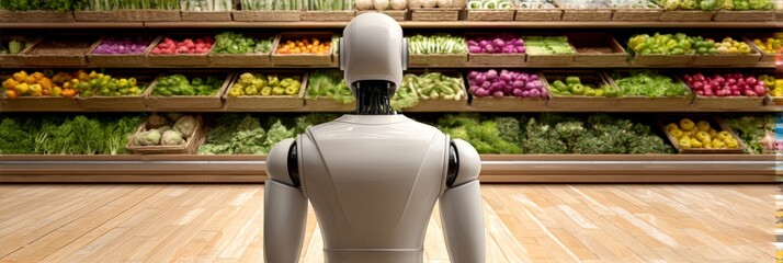 photo of ai robot standing in grocery produce section 