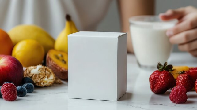 White milk carton without branding placed beside fruits and breakfast items