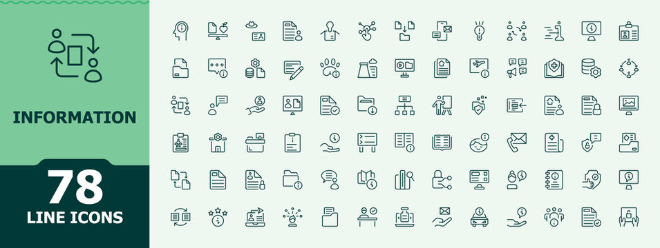 Information vector line icon set. News line icon set. Minimalist icons collection. It contains symbols to data, info, help, tech, man, news and more. Vector illustration.