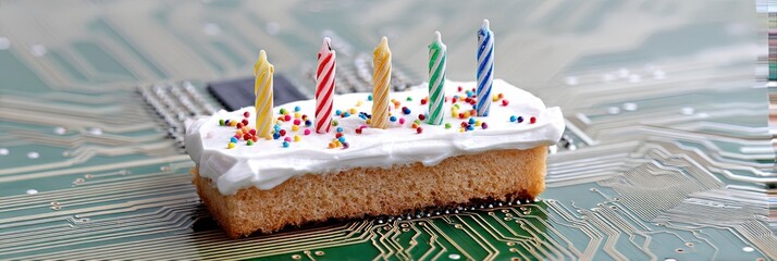 photo of birthday, isolated on circuitry background, copy space