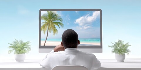 photo of bored employee sitting in office computer with tropical beach on computer monitor
