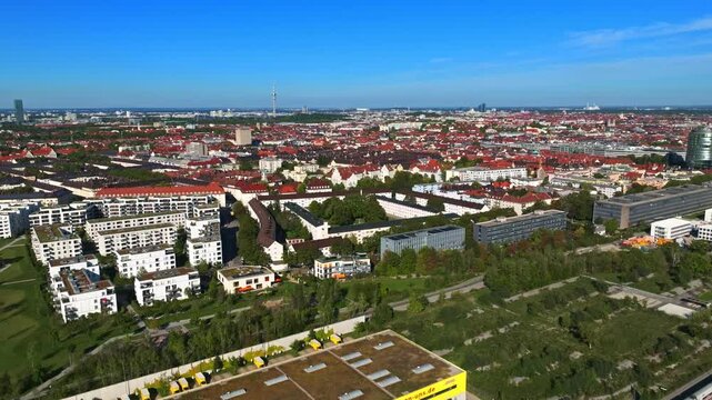 Aerial drone view of Neuhausen-Nymphenburg, a charming residential district in Munich, Germany, featuring historic buildings and leafy streets . 30 September 2024