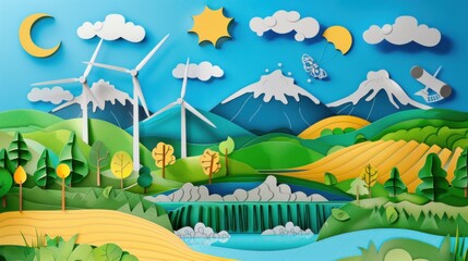 Fototapeta premium A conceptual view of Earth's renewable energy in sustainable microgrid energy systems, illustrated in a microgrid vitality art style, Simplified paper art illustration of
