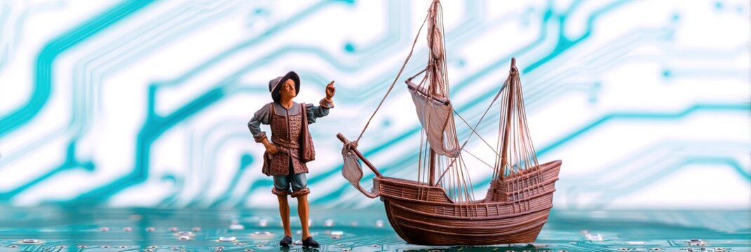 photo of columbus day, isolated on circuitry background, copy space 