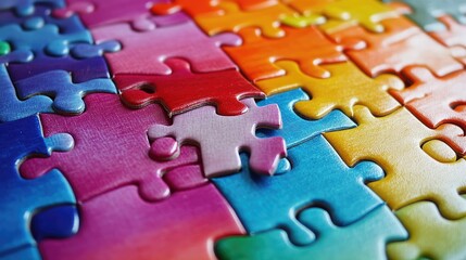 Close-up of a puzzle piece being aligned with the final space in a colorful jigsaw puzzle on a white surface
