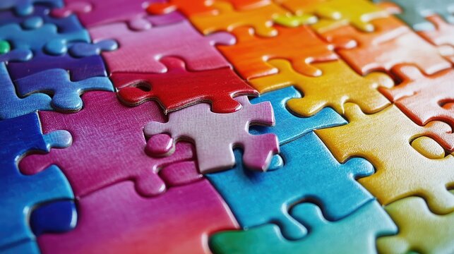 Close-up of a puzzle piece being aligned with the final space in a colorful jigsaw puzzle on a white surface - Powered by Adobe