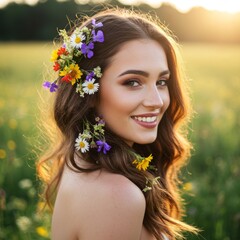 Naklejka premium Smiling Woman with Flowers in Hair in a Summer Field