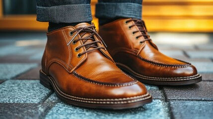 Close-up of brown leather boots on feet