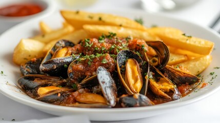 Steamed mussels with marinara sauce and french fries served on white plate