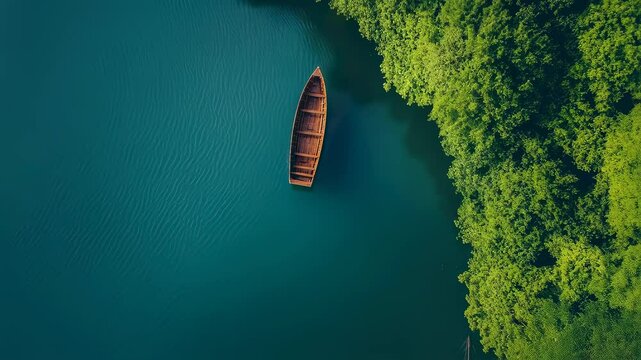 Tranquil boat journey through lush green riverbend from aerial view