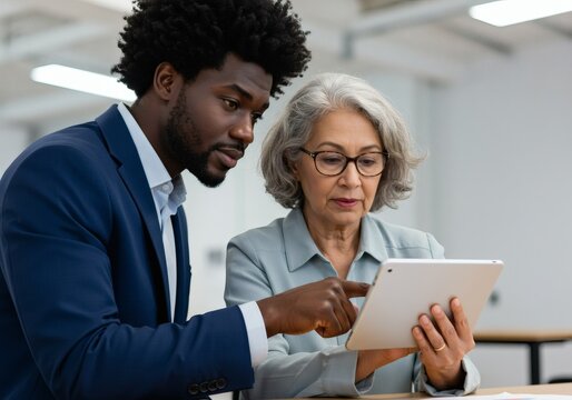 Two diverse colleagues or business associates are reviewing content or collaborating on a task using a tablet in an office setting during the daytime.