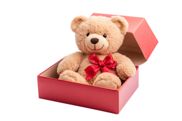 Cute teddy bear in red gift box isolated on transparent background