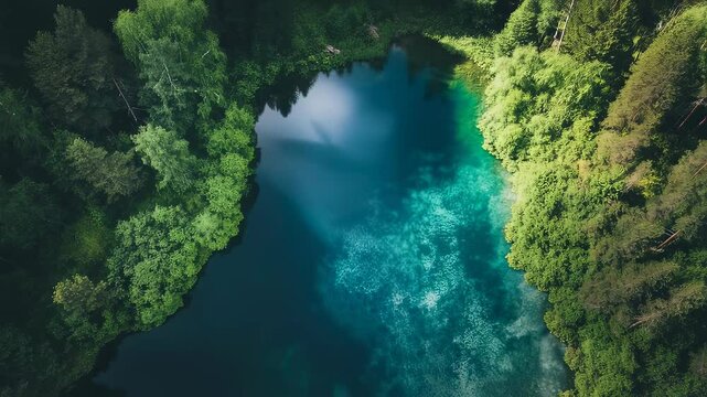 Aerial view of stunning riverbend surrounded by lush forests and reflective waters