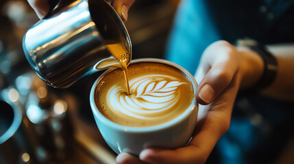 A barista skillfully pours coffee into a cup, creating an intricate latte art design.