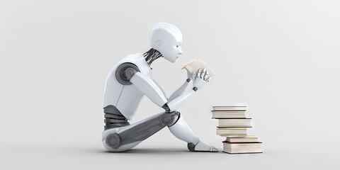 photo of humanoid robot eating books