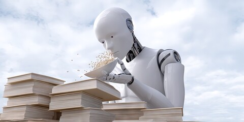 photo of humanoid robot eating books