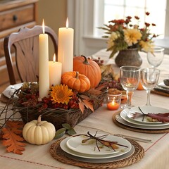 Festive Thanksgiving Table Centerpiece with Pumpkins Candles and Autumn Decor