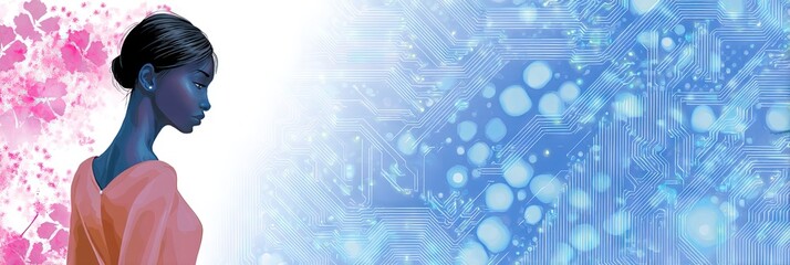 photo of international women's day, isolated on circuitry background, copy space