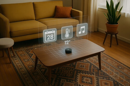 Smart home technology integration showing holographic user interface on coffee table in living room