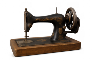Vintage sewing machine resting on weathered wooden base, displaying aged patina and reflecting bygone era's manual craftsmanship