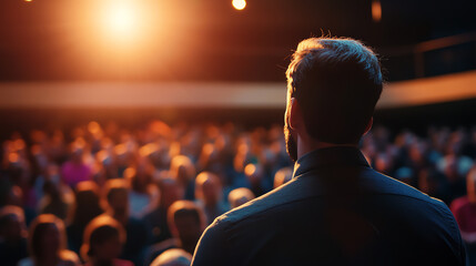 Closeup Event announcer on stage with a spotlight, engaging a large audience with enthusiasm