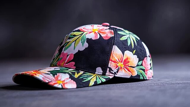 Floral baseball cap with vibrant blossom pattern on dark backdrop for fashion and style promotions