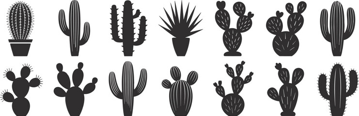 Diverse Cactus and Succulent Plant Silhouettes, Including Prickly Pear and Saguaro, Perfect for Desert Landscapes, Southwest Themes, and Botanical Designs