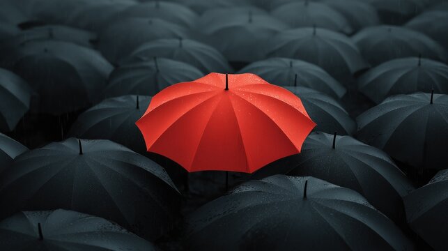Red umbrella among black in rainy city, symbol of individuality and leadership