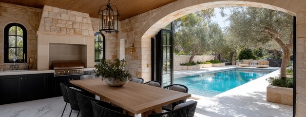 Obraz premium Relaxing outdoor dining space features black metal furniture, an olive tree garden, and a serene pool for summer enjoyment