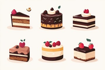 Flat illustration of assorted layered cakes with chocolate, cream, berries and nuts in various shapes on a light background