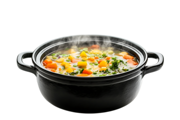 Steaming vegetable soup in black pot isolated on transparent background