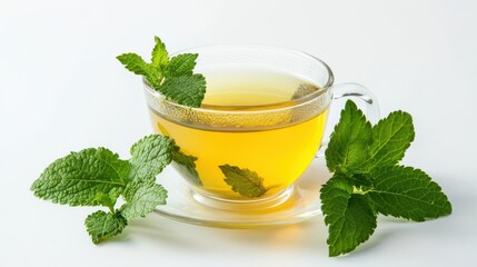 Aromatic lemon balm tea in glass cup and fresh leaves isolated on white