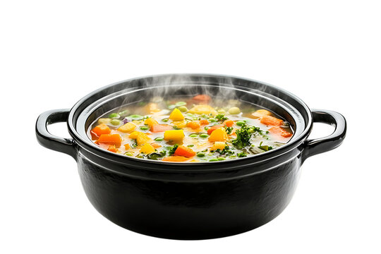 Steaming vegetable soup in black pot isolated on transparent background