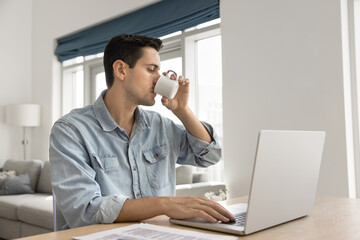 Casual remote work. Young businessman working from home self employed entrepreneur freelancer take...