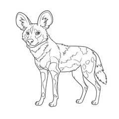 African Wild Dog – Lycaon pictus.Black-and-white outlined illustration of an African wild dog standing with a relaxed but alert posture. The clear line work makes it suitable for coloring pages