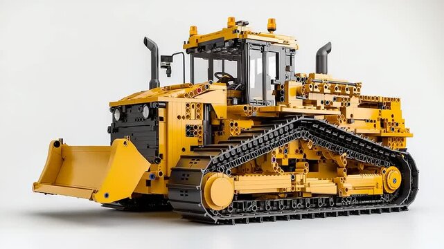 Detailed view of a yellow construction bulldozer model showcasing intricate design and mechanics