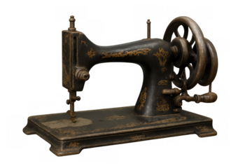 Antique golden-detailed sewing machine, symbolizing traditional craftsmanship against translucent backdrop