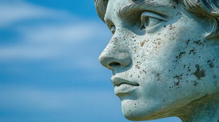 Close-up profile of weathered stone child statue against a vibrant sky