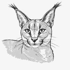 A graceful caracal with tufted ears, depicted in a detailed sketch sitting in tall grass. The illustration highlights the wildcat's natural pose and fur texture, perfect for wildlife and nature-themed