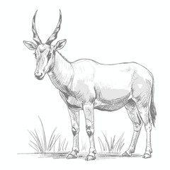 A majestic antelope with large curved horns, illustrated in a detailed sketch standing in a grassy field. The drawing captures the animal's graceful stance and natural surroundings, ideal for wildlife